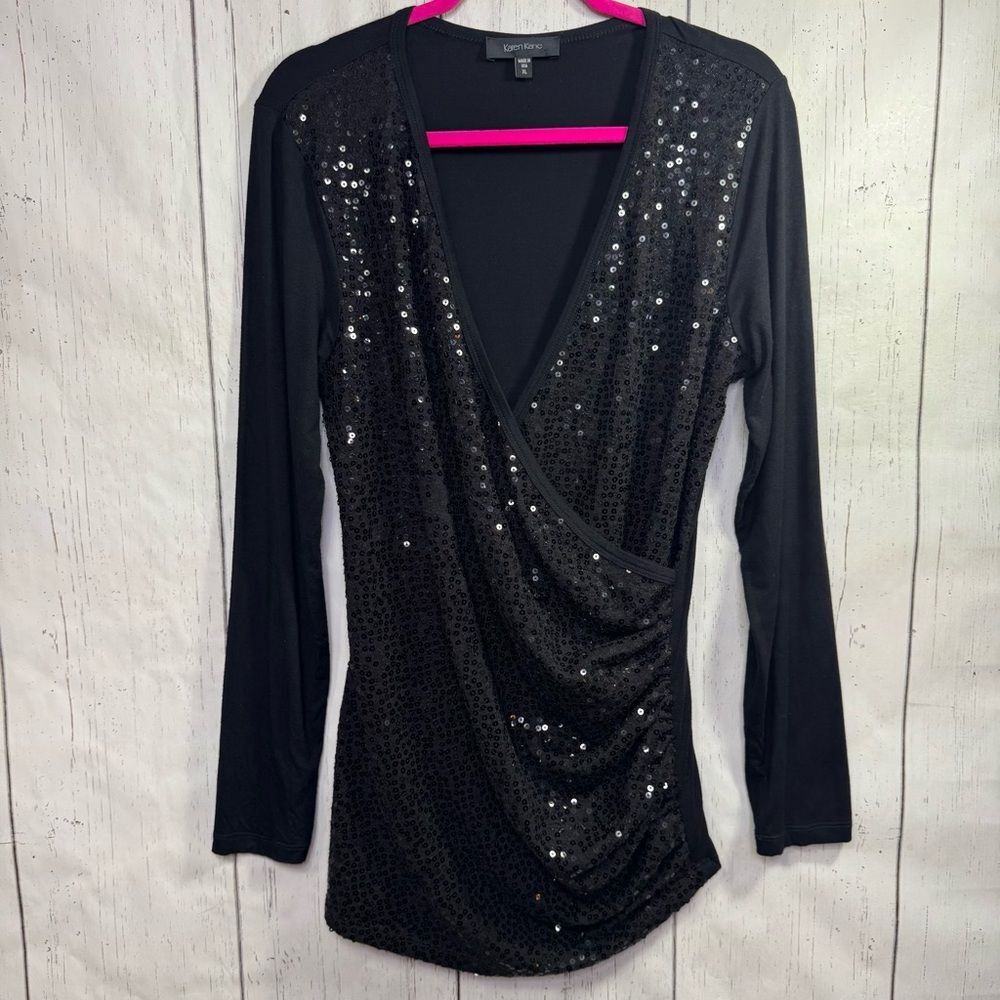Karen Kane Black Sequin Ruched Wrap Top XL Holiday Party Glam Cocktail Evening